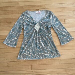 VTG Y2K Xhilaration Boho Paisley Crochet Tunic L Blue Flared Sleeve Festival
